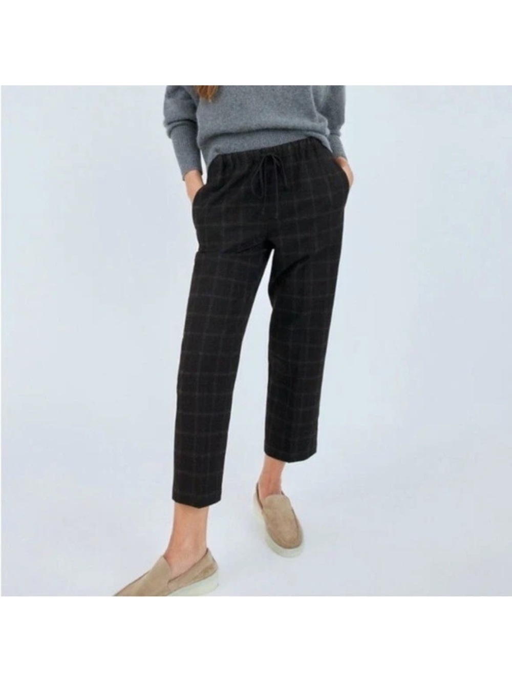 Babaton Cropped Windowpane Zipper Button Plaid Pants Black Brown Pullon